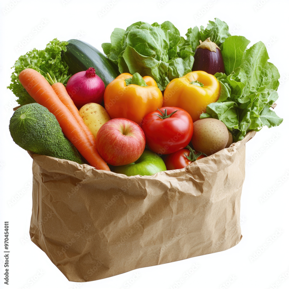 A paper bag filled with fresh vegetables and fruits. A paper bag filled with fresh vegetables and fruits.