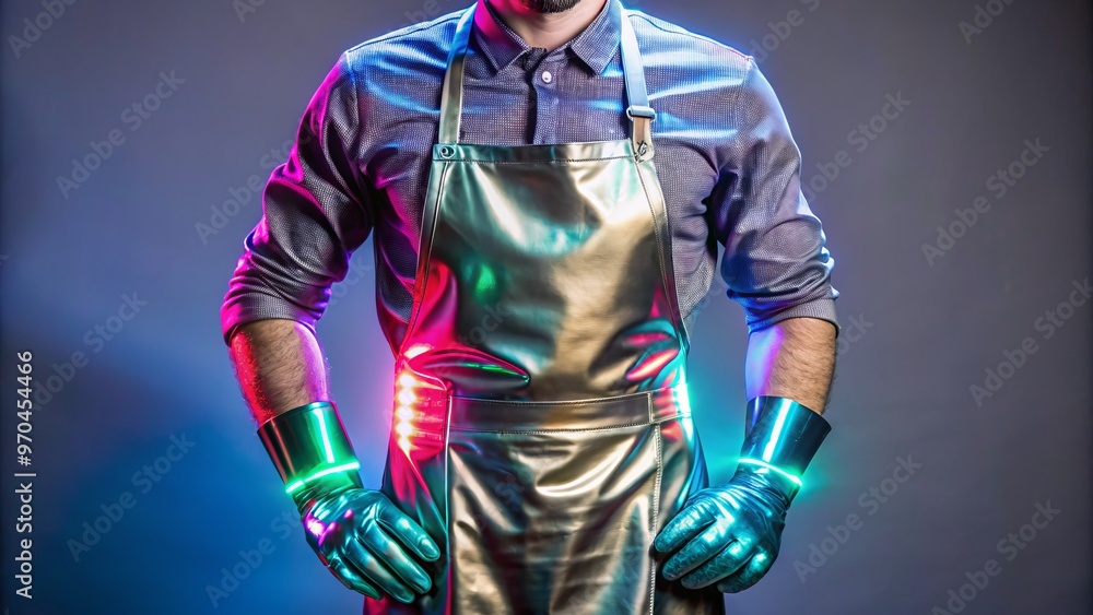 Fototapeta premium Metallic apron with embedded LED strips, molded gloves with retractable tools, and a sleek jumpsuit with segmented plating and programmable color shifting.