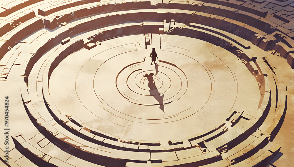 A minimal design of the Greek labyrinth with a small Minotaur silhouette at its center. The design emphasizes mystery, challenge, and mythology, set against a plain backdrop with copy space A minimal design of the Greek labyrinth with a small Minotaur silhouette at its center. The design emphasizes mystery, challenge, and mythology, set against a plain backdrop with copy space