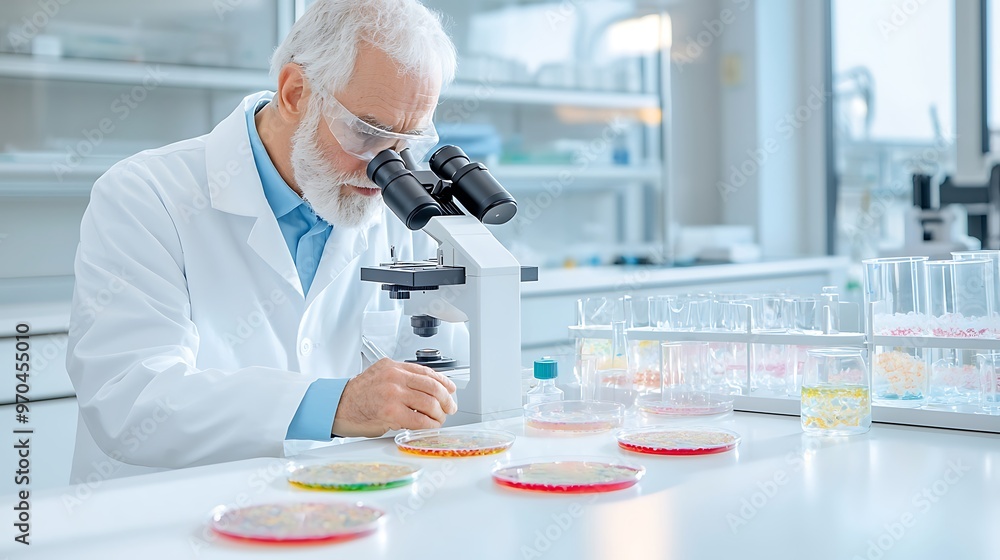 Researcher in a sterile lab coat studying microorganisms in petri dishes under advanced microscopes Researcher in a sterile lab coat studying microorganisms in petri dishes under advanced microscopes