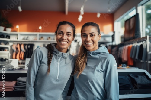 Two women in casual sportswear stand in a retail environment, beaming with confidence and enthusiasm, epitomizing modern retail friendliness.