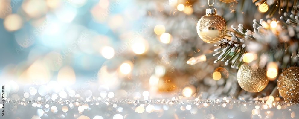 Fototapeta premium A festive Christmas scene featuring shimmering ornaments, glittering lights, and a beautifully decorated tree for the holiday season.