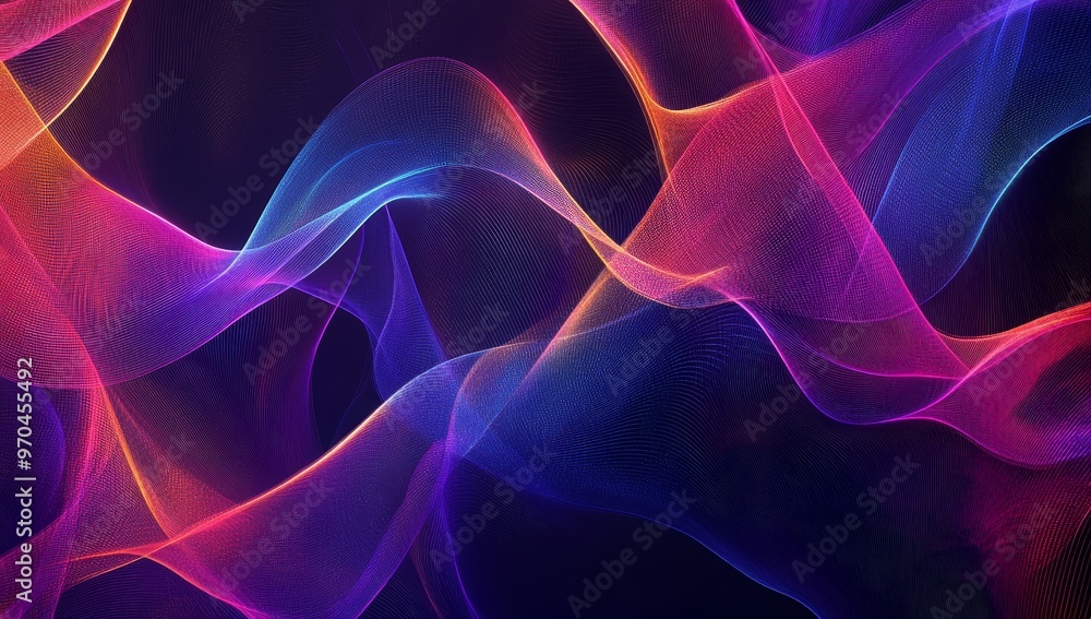Abstract digital colorful glowing wavy lines and particles on dark background. Abstract digital colorful glowing wavy lines and particles on dark background.