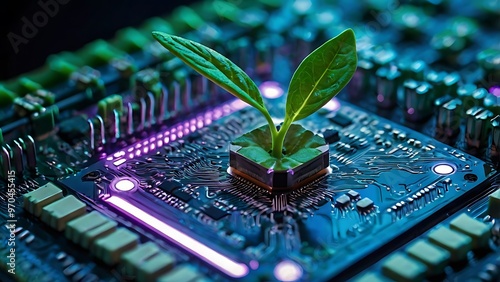 Digital micro-chip design with a sprout coming out of it, conceptual cpu computer hardware with green plant and shiny lights photo