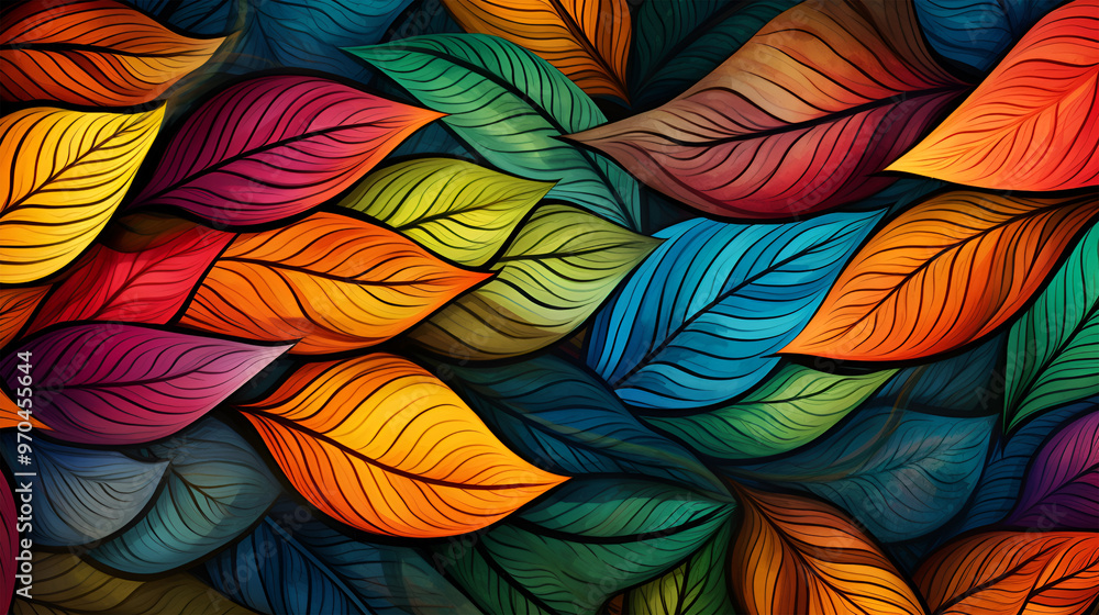 Colorful abstract pattern of leaves, blending vivid hues and intricate shapes for a vibrant visual effect Colorful abstract pattern of leaves, blending vivid hues and intricate shapes for a vibrant visual effect