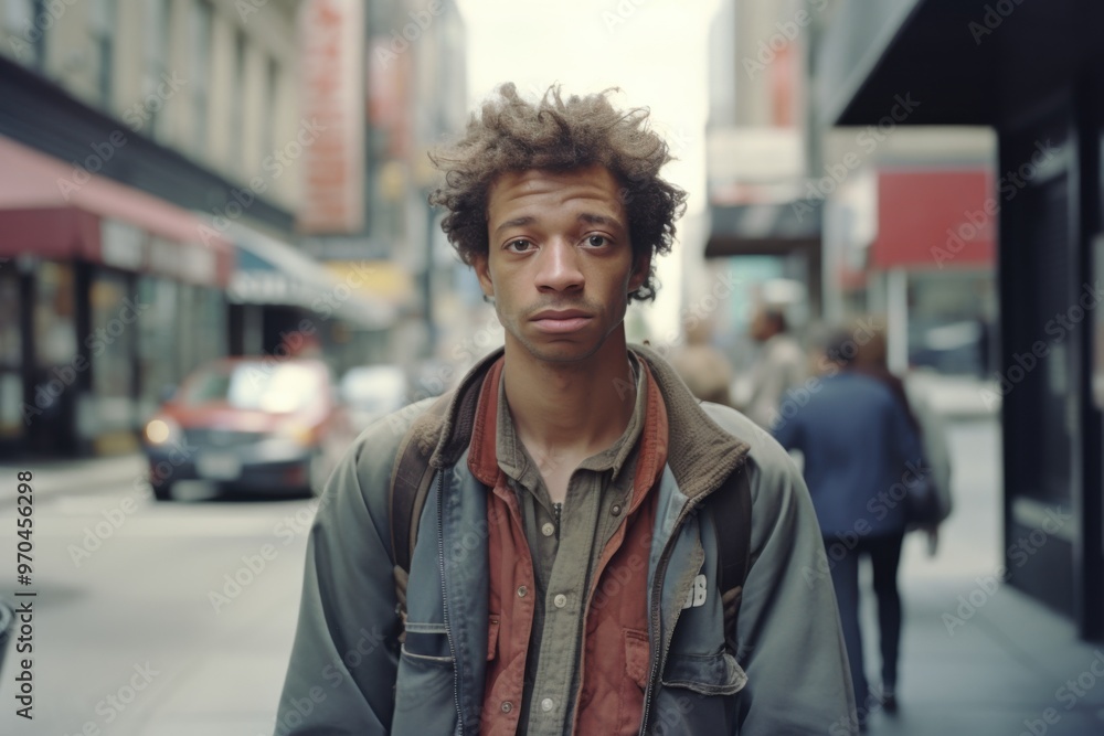 A young man with a worn jacket stands on a city street, his expression solemn and his hair unkempt, suggesting struggles and unseen stories. A young man with a worn jacket stands on a city street, his expression solemn and his hair unkempt, suggesting struggles and unseen stories.