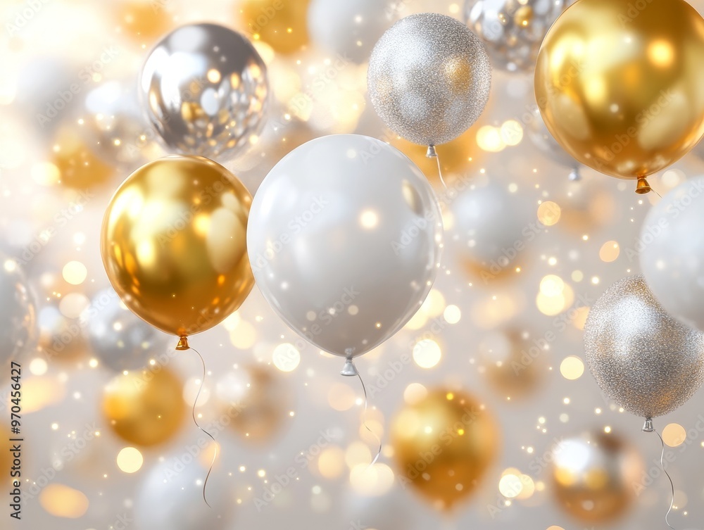 Gold, silver, and white balloons with a bokeh background. Gold, silver, and white balloons with a bokeh background.