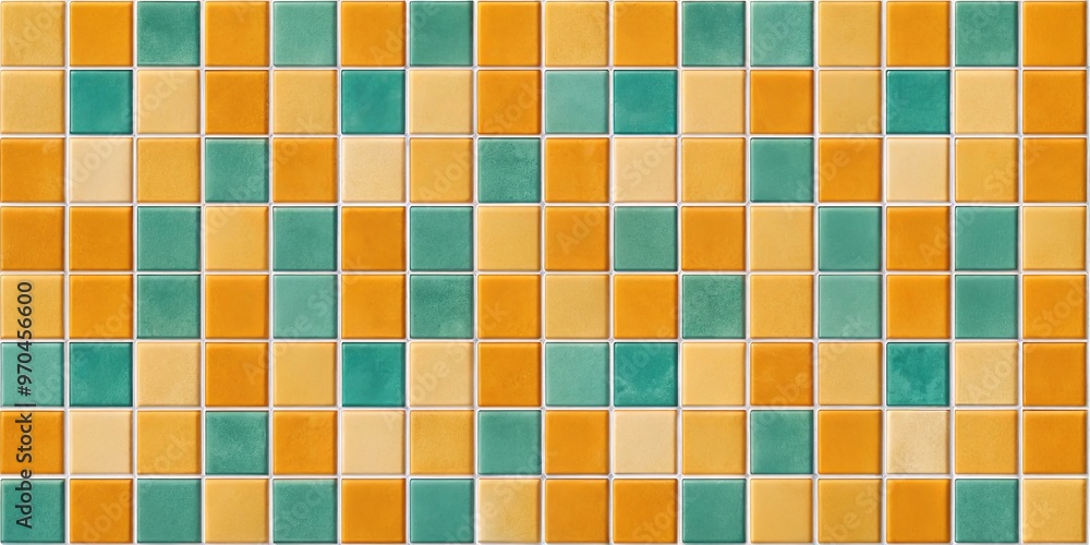 Grid pattern background with mustard and teal ceramic tiles in a retro style Grid pattern background with mustard and teal ceramic tiles in a retro style