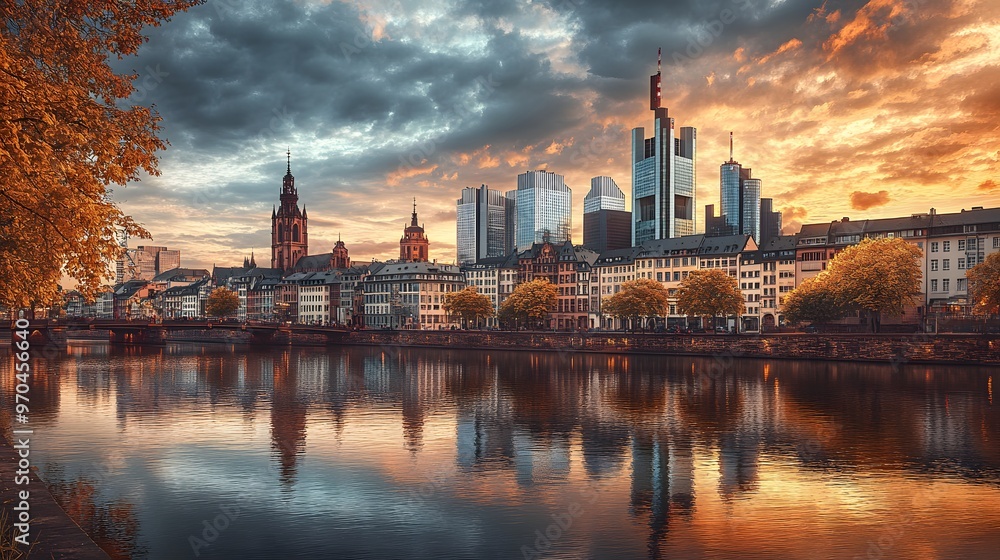 Obraz premium Frankfurt Skyline Reflected in the River Main at Sunset