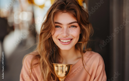 A cheerful young woman in stylish attire beams as she holds a contemporary vintage trophy, her smile and relaxed demeanor showcasing success. photo