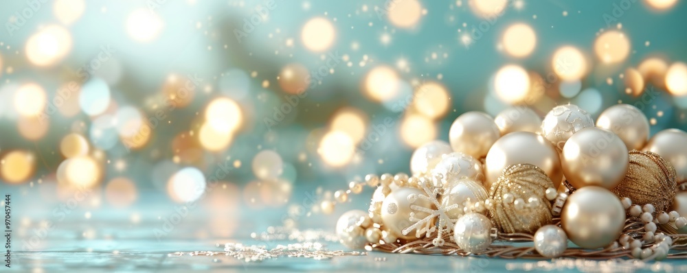 A serene arrangement of pearls resting on a reflective surface with enchanting bokeh lights in the background. A serene arrangement of pearls resting on a reflective surface with enchanting bokeh lights in the background.