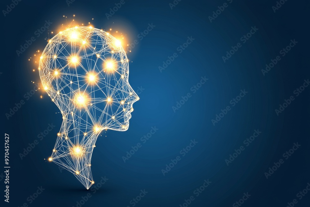 Abstract head profile composed of glowing lines and points on a blue background. Abstract head profile composed of glowing lines and points on a blue background.