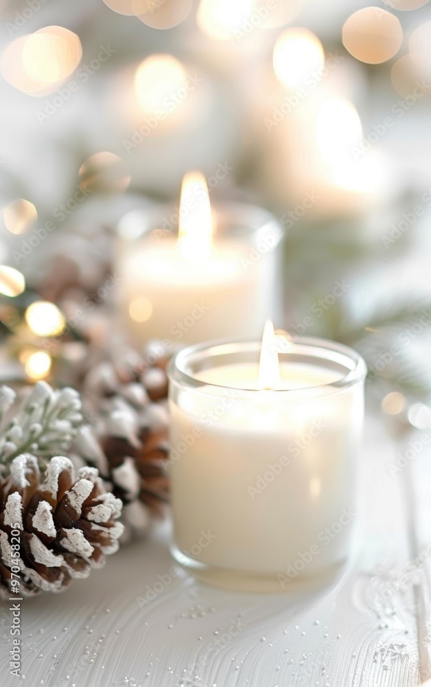 A serene scene featuring glowing candles, pinecones, and soft lights, perfect for holiday ambiance and cozy settings. A serene scene featuring glowing candles, pinecones, and soft lights, perfect for holiday ambiance and cozy settings.
