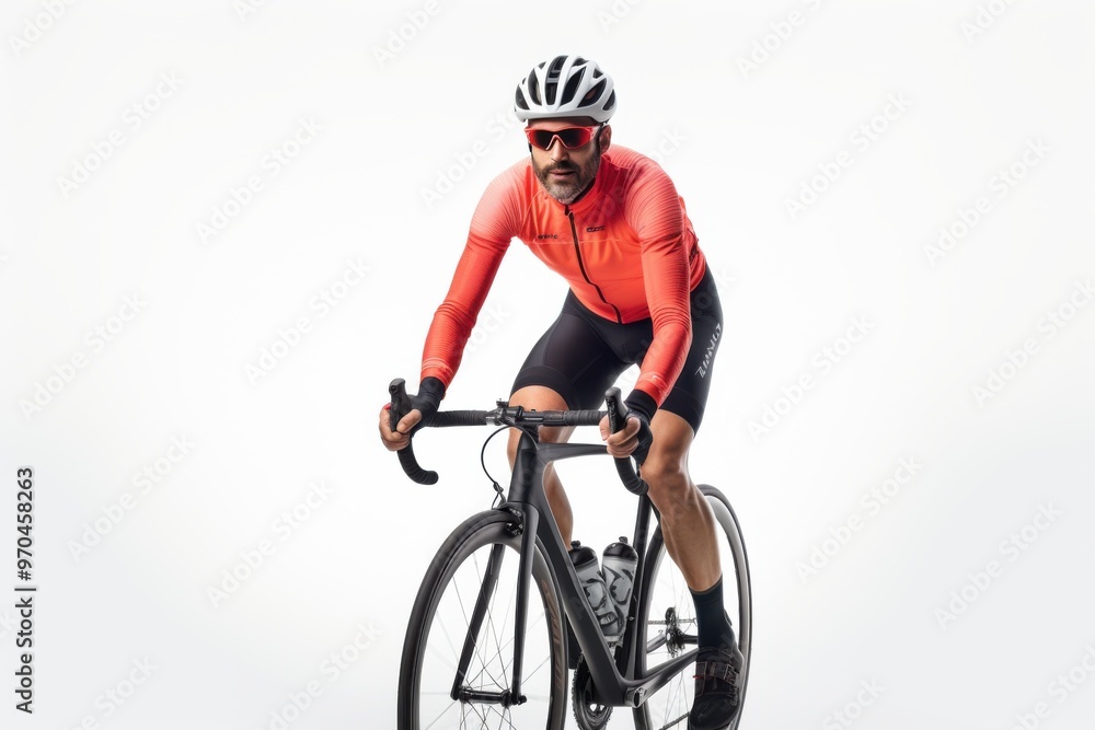 An energetic cyclist in a red outfit and white helmet is focused on riding a black racing bicycle against a light neutral background. An energetic cyclist in a red outfit and white helmet is focused on riding a black racing bicycle against a light neutral background.