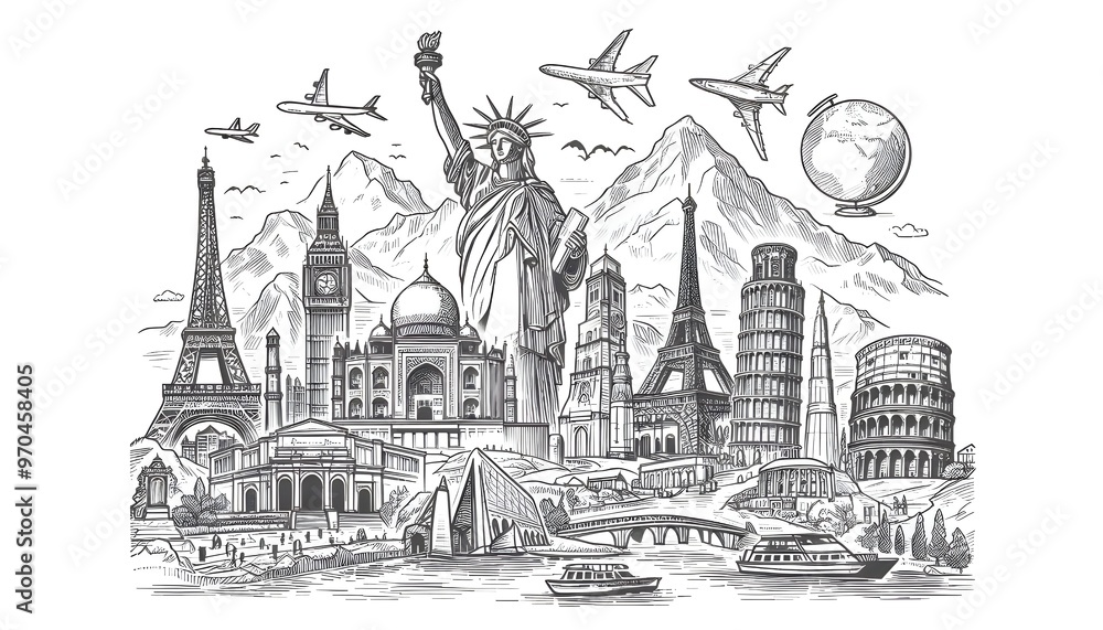 Line drawing of famous world landmarks on a white background, depicted in a hand-drawn sketch style, representing travel concepts Line drawing of famous world landmarks on a white background, depicted in a hand-drawn sketch style, representing travel concepts