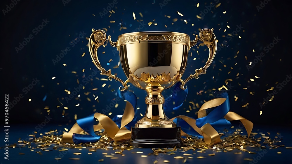 Winner trophy cup, golden prize of winning with glitter and particles around on navy blue background Winner trophy cup, golden prize of winning with glitter and particles around on navy blue background