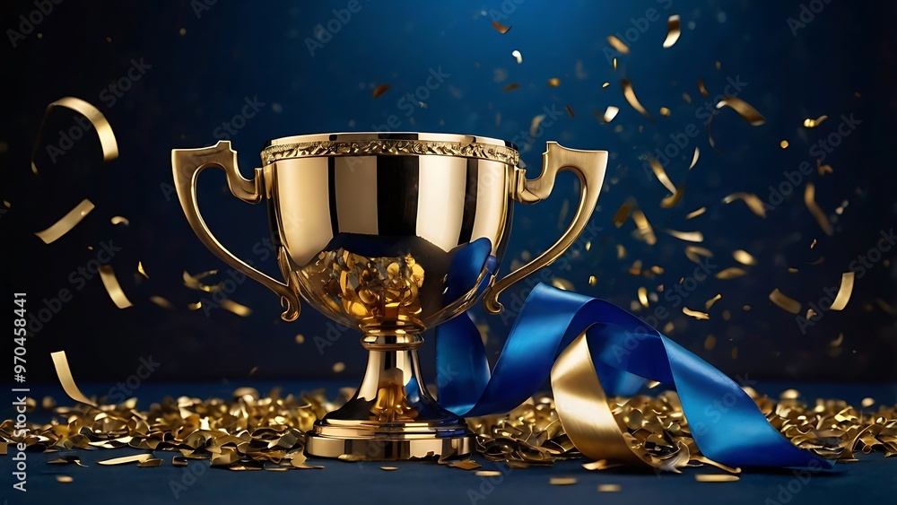 Winner trophy cup, golden prize of winning with glitter and particles around on navy blue background Winner trophy cup, golden prize of winning with glitter and particles around on navy blue background