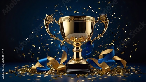 Winner trophy cup, golden prize of winning with glitter and particles around on navy blue background