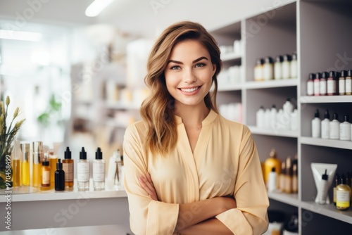 A smiling woman stands confidently in a well-organized cosmetics shop, with neatly lined shelves showcasing a variety of beauty products behind her.