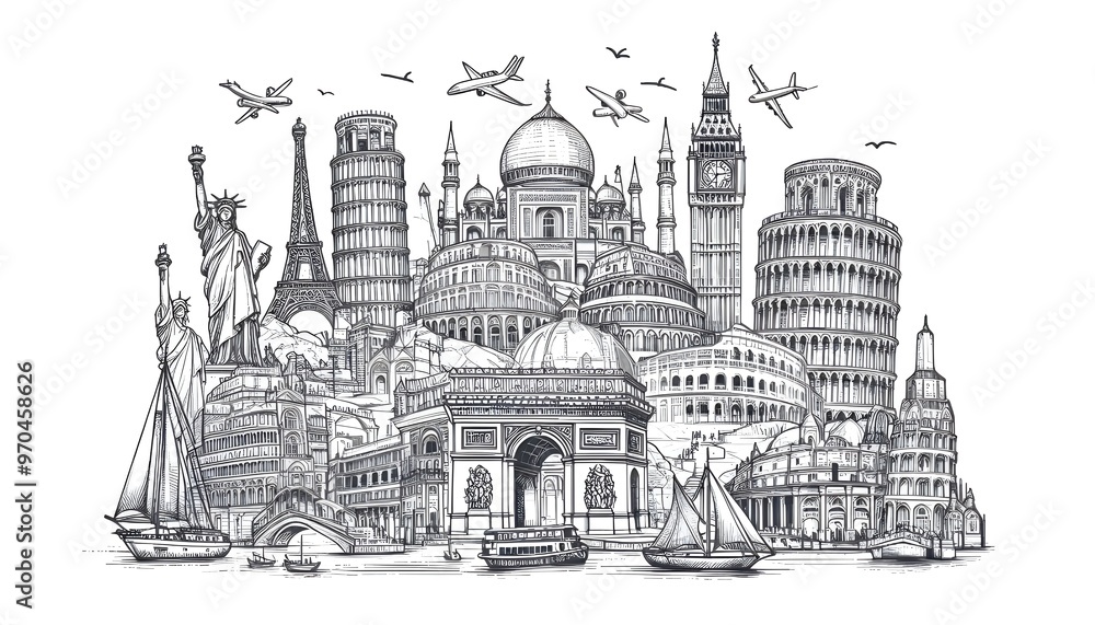 Obraz premium Line drawing of famous world landmarks on a white background, depicted in a hand-drawn sketch style, representing travel concepts