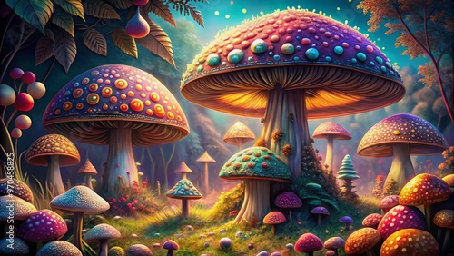 Whimsical mushrooms adorned with playful designs radiate charm with each delicate stroke, their intricate beauty unfolding like a wondrous fairy tale. photo