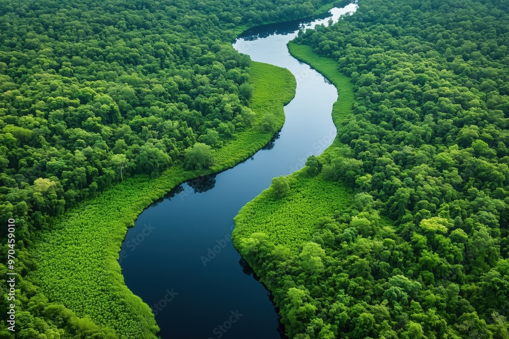 Aerial drone view of a tranquil tropical river winding through lush green forest, showcasing vibrant natural landscape, dense jungle, and scenic environment. Aerial drone view of a tranquil tropical river winding through lush green forest, showcasing vibrant natural landscape, dense jungle, and scenic environment.