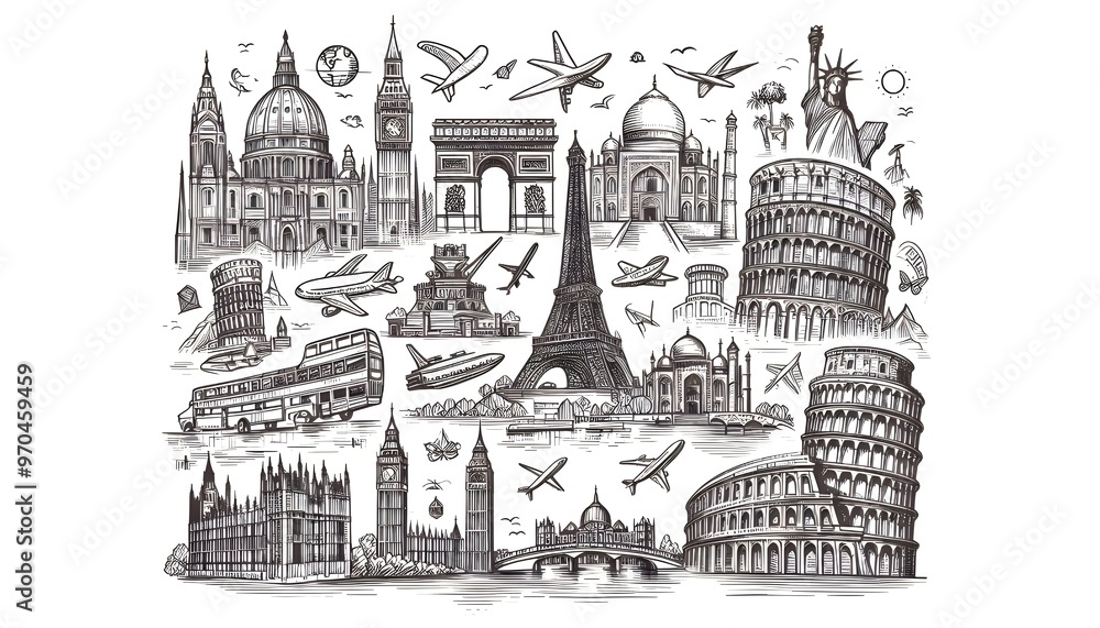 Obraz premium Line drawing of famous world landmarks on a white background, depicted in a hand-drawn sketch style, representing travel concepts