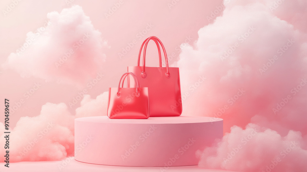 red tote bags, pink clouds in the background, dreamy, gift, romantic, commercial product red tote bags, pink clouds in the background, dreamy, gift, romantic, commercial product