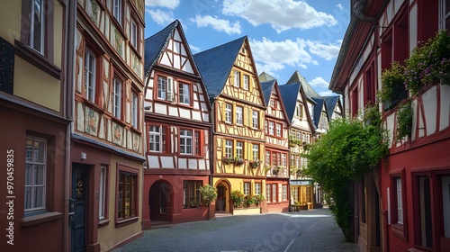 Narrow Cobblestone Street Lined with Traditional German Houses