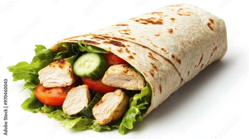 A healthy wrap filled with grilled chicken, lettuce, tomatoes, cucumbers, and a light dressing on a whole wheat tortilla. A healthy wrap filled with grilled chicken, lettuce, tomatoes, cucumbers, and a light dressing on a whole wheat tortilla.
