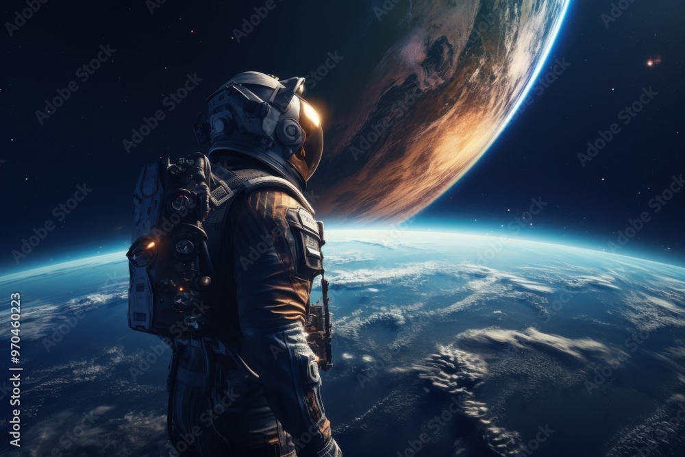 An astronaut in a spacesuit stands on a celestial body, gazing at an awe-inspiring planet above, with a serene and reflective aura. An astronaut in a spacesuit stands on a celestial body, gazing at an awe-inspiring planet above, with a serene and reflective aura.