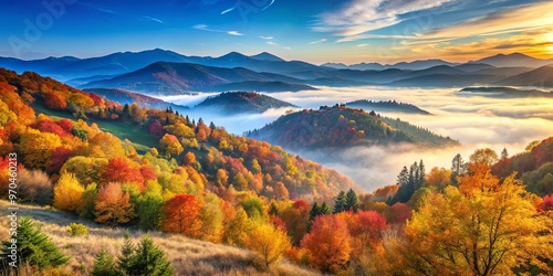 Serene mountain landscape on a misty autumn morning with vibrant foliage and clear skies