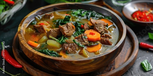 Filipino Beef and Vegetable Soup Beef Nilaga or Nilagang Baka Perfect with Rice and Fish Sauce photo