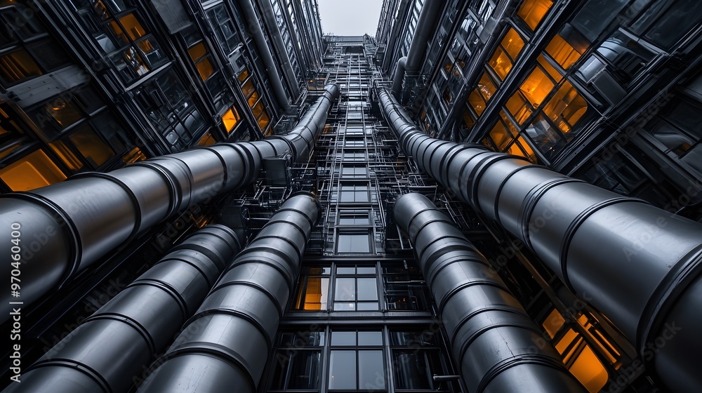 Low Angle View of a Modern Building with Large Cylindrical Pipes Low Angle View of a Modern Building with Large Cylindrical Pipes