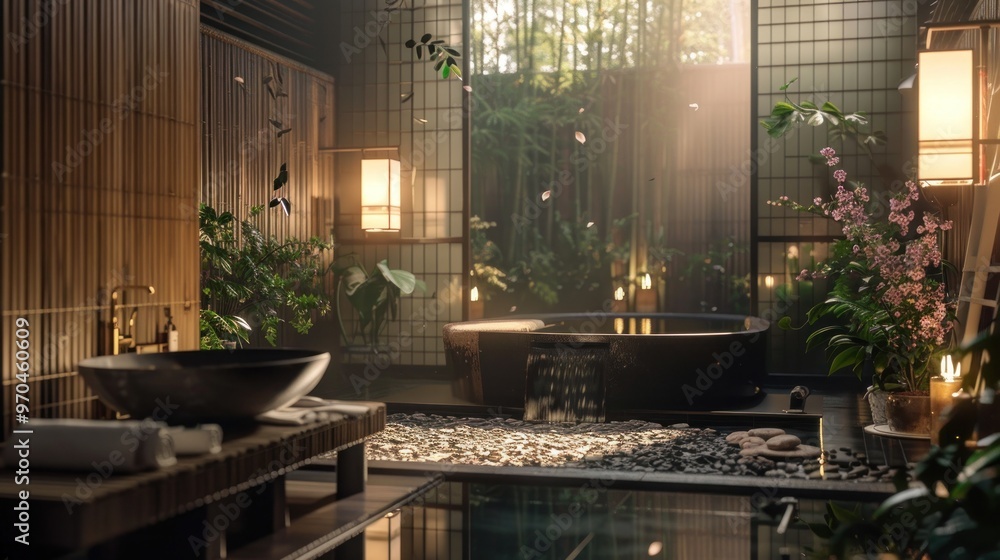 Luxurious bathroom with dark colored furniture AI generated image Luxurious bathroom with dark colored furniture AI generated image