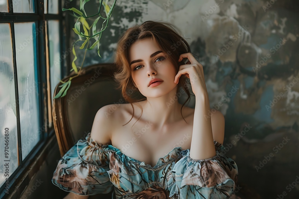 Fototapeta premium Fashion Forward Woman in a Chic Dress, Portrait Shot, Chic Dress, Fashion Forward