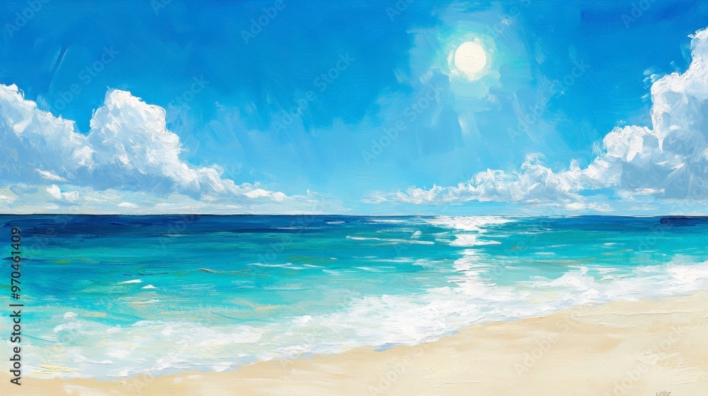 A hot summer day at the beach, with the sun high in the sky, bright blue water, and a few white clouds dotting the horizon. A hot summer day at the beach, with the sun high in the sky, bright blue water, and a few white clouds dotting the horizon.
