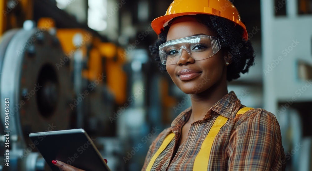 photo of black woman worker in industrial setting, wearing safety glasses and hard hat while holding tablet computer near large machine photo of black woman worker in industrial setting, wearing safety glasses and hard hat while holding tablet computer near large machine