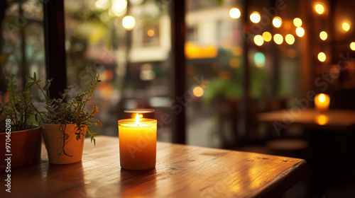 A candle is lit on a table in a restaurant