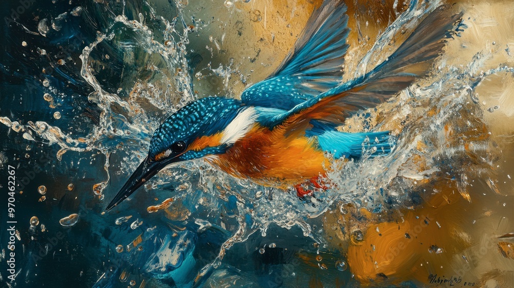A kingfisher diving into water, caught mid-splash, with vivid blue and orange feathers contrasting against the water. A kingfisher diving into water, caught mid-splash, with vivid blue and orange feathers contrasting against the water.