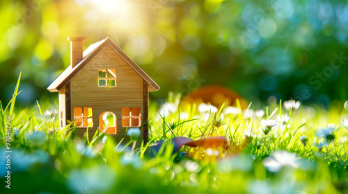 Wallpaper Mural A wooden house model set amidst grass and dandelions during golden hour Torontodigital.ca
