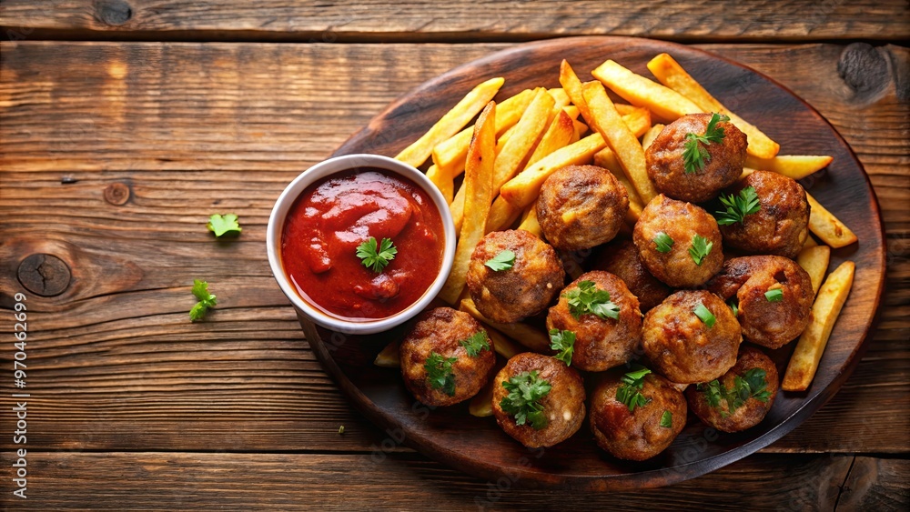 Delicious meatballs with fries and dipping sauce Delicious meatballs with fries and dipping sauce