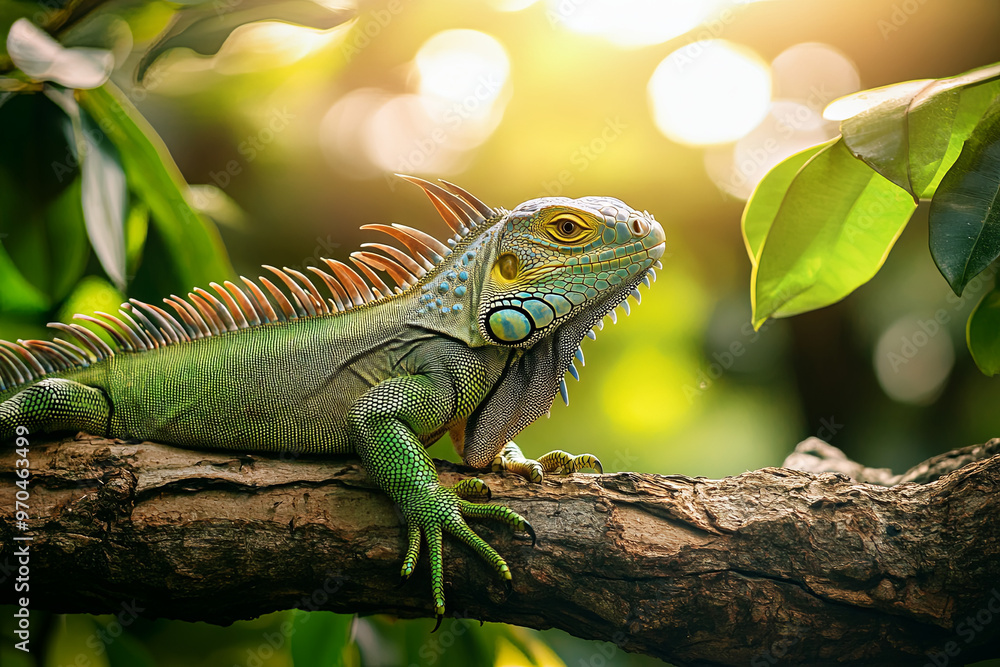 Obraz premium Green iguana basking on a tree branch in the sunlight