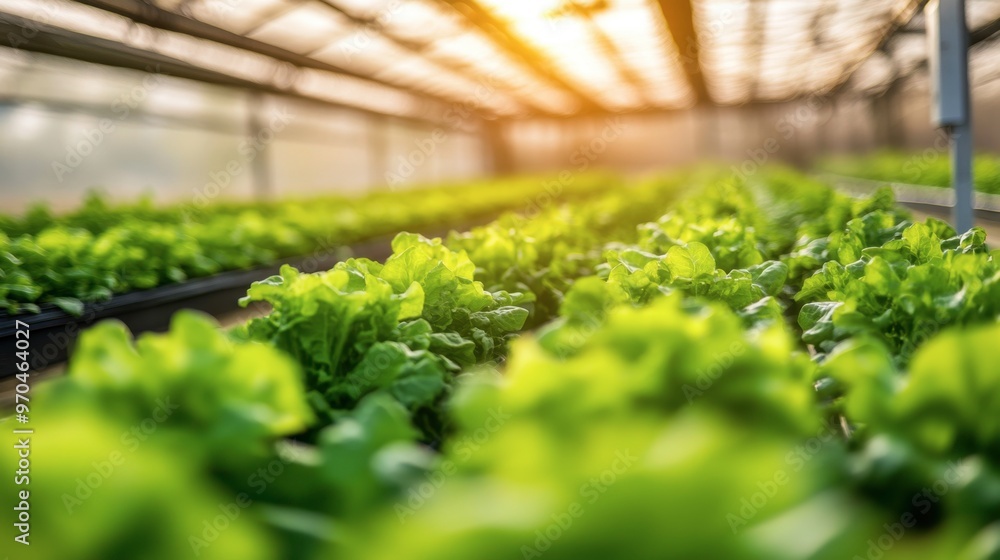 A large-scale hydroponic farm with green salads growing in rows, under bright lights with automated irrigation. A large-scale hydroponic farm with green salads growing in rows, under bright lights with automated irrigation.