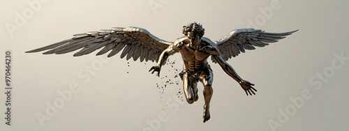 A simple design of Icarus falling from the sky with melted wings, representing ambition and failure from Greek mythology. The design is set against a plain background with copy space.