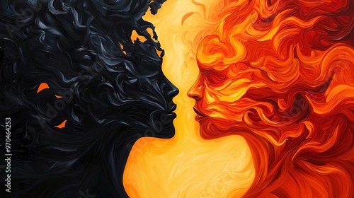 A captivating abstract portrayal of contrasting forces, depicting a fiery essence and a dark silhouette in harmonious tension. photo