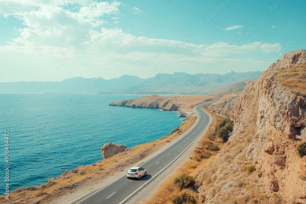 White car driving on the coastal road. road landscape in summer. it's nice to drive on beach side highway. Highway view on the coast on the way to summer vacation. Spain trip on beautiful travel , ai White car driving on the coastal road. road landscape in summer. it's nice to drive on beach side highway. Highway view on the coast on the way to summer vacation. Spain trip on beautiful travel , ai