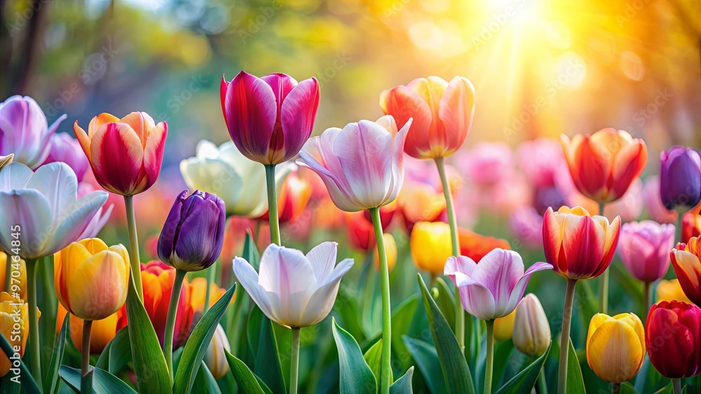 Beautiful natural background with colorful tulips in full bloom Beautiful natural background with colorful tulips in full bloom