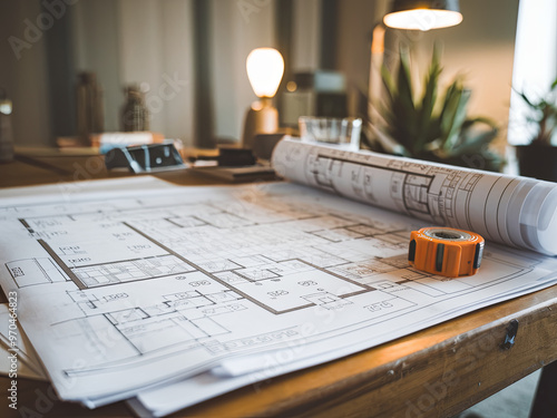 Blueprints spread out on a wooden table with a measuring tape and pencil photo