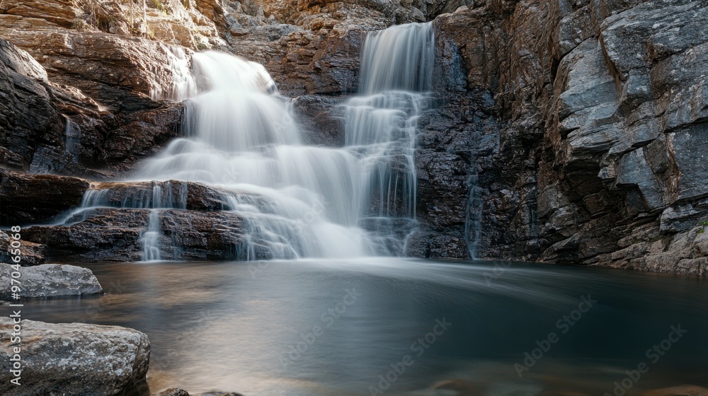A long exposure shot of a waterfall, creating a silky smooth water effect against the rugged rocks. A long exposure shot of a waterfall, creating a silky smooth water effect against the rugged rocks.